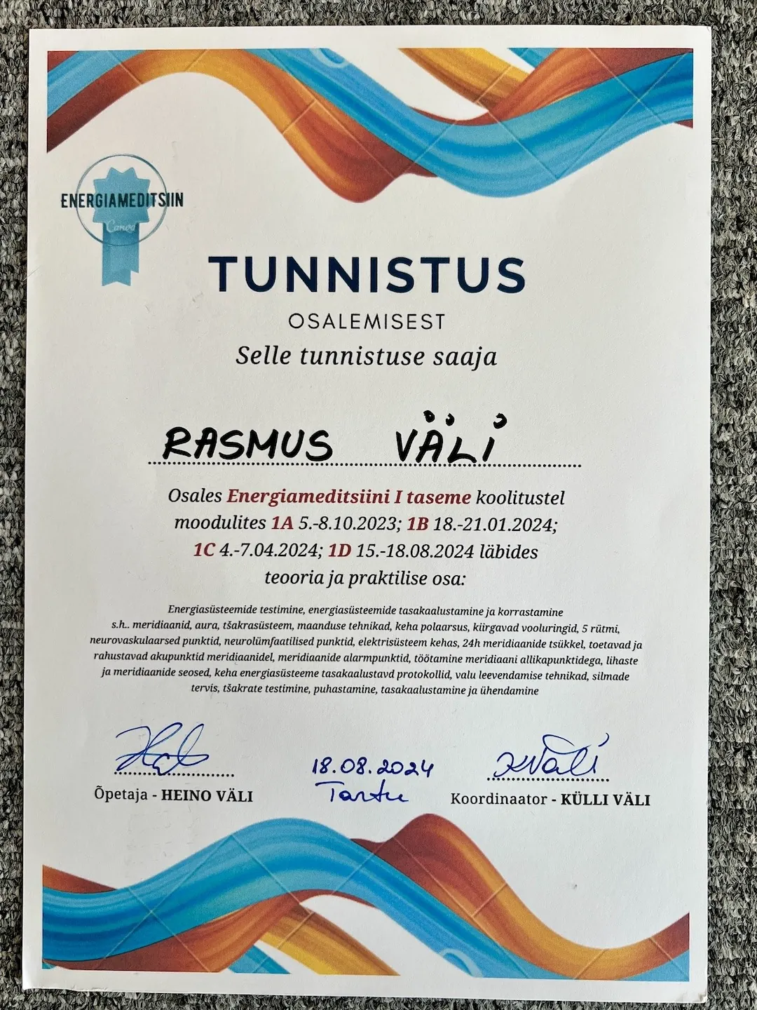 Rasmus Väli Energy Medicine Level 1 certificate, 2023