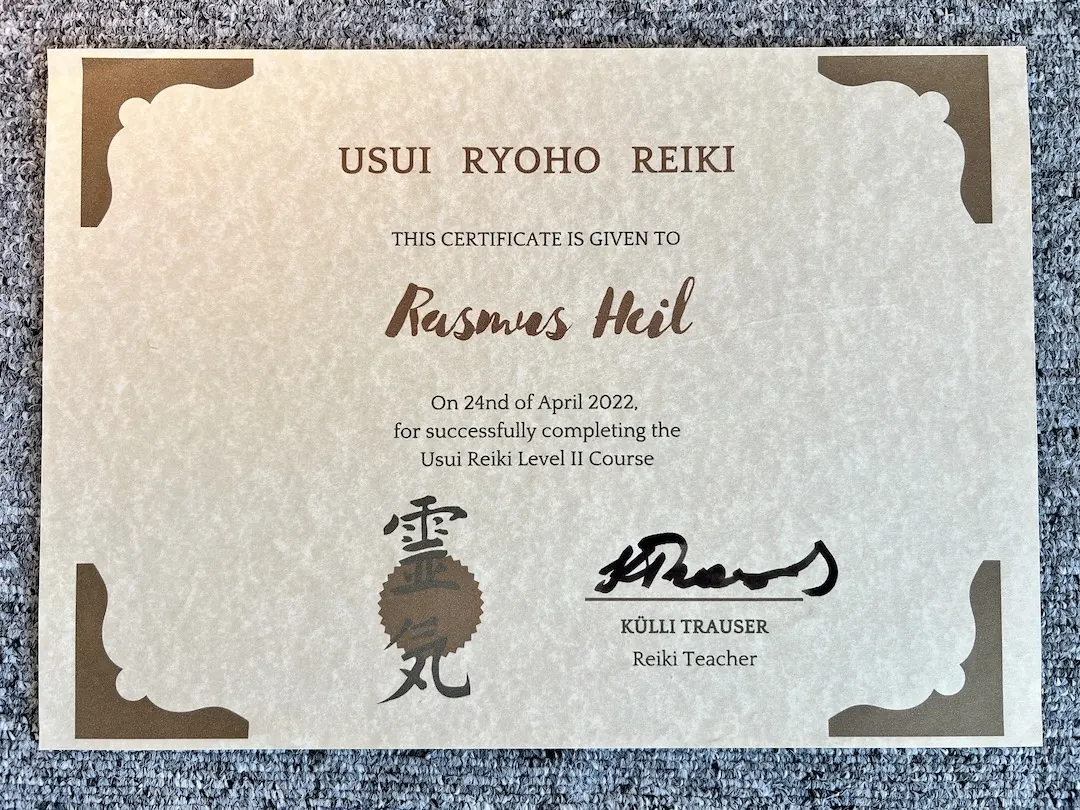 Rasmus Väli Reiki Level 2 certificate, 2022